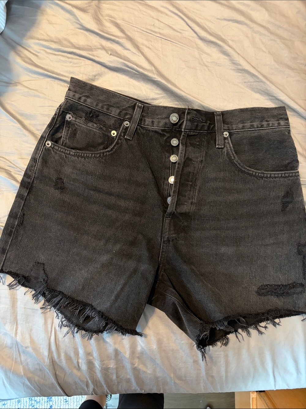 Agolde Black Distressed High-Rise Button-Fly Denim Shorts